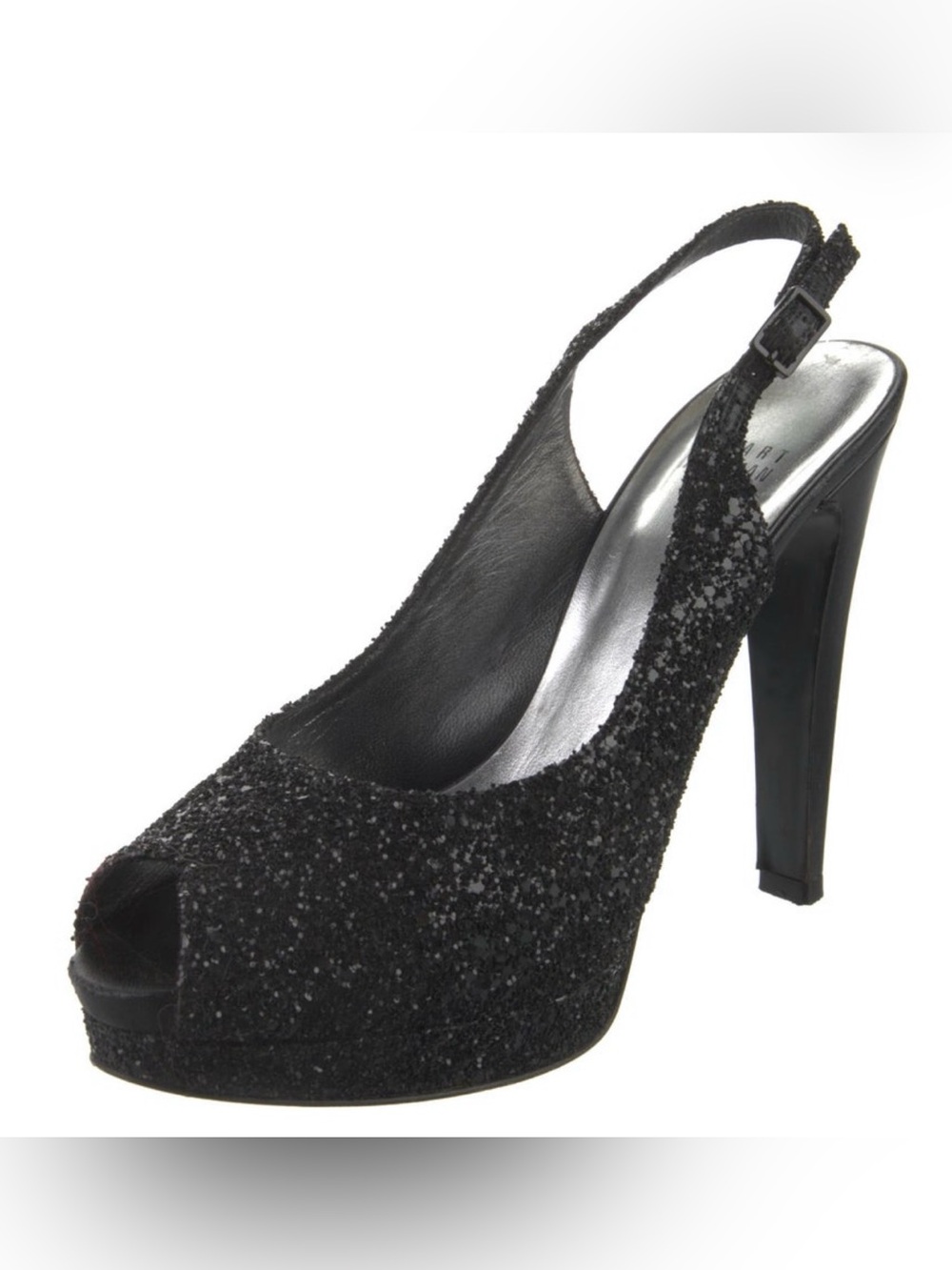 Stuart Weitzman Avalon Black Glitter Platform Slingback Heels 7.5 M